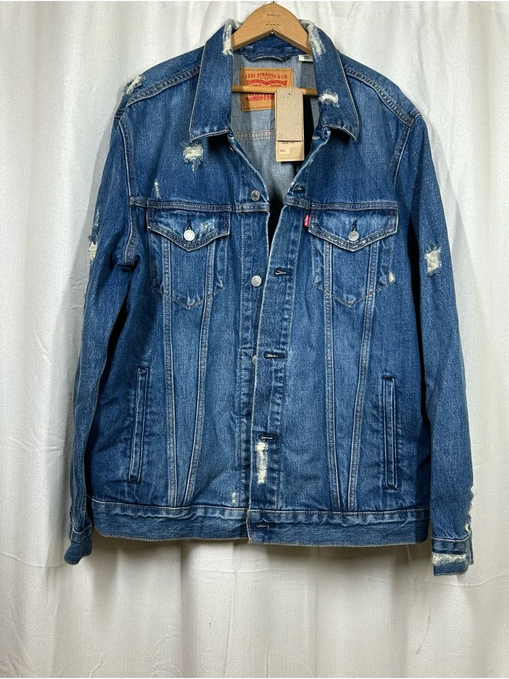 Levi’s Distressed Denim Jacket Dark Blue New Size XXL Mens Jean NWT